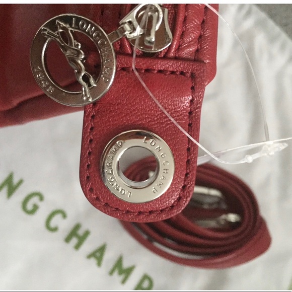 New NWT authentic Longchamp Le Pliage M red leather tote crossbody bag w strap - Picture 8 of 8